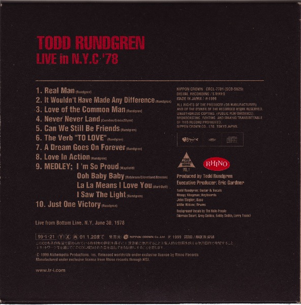 back cover, Rundgren, Todd - Live In N.Y.C. '78